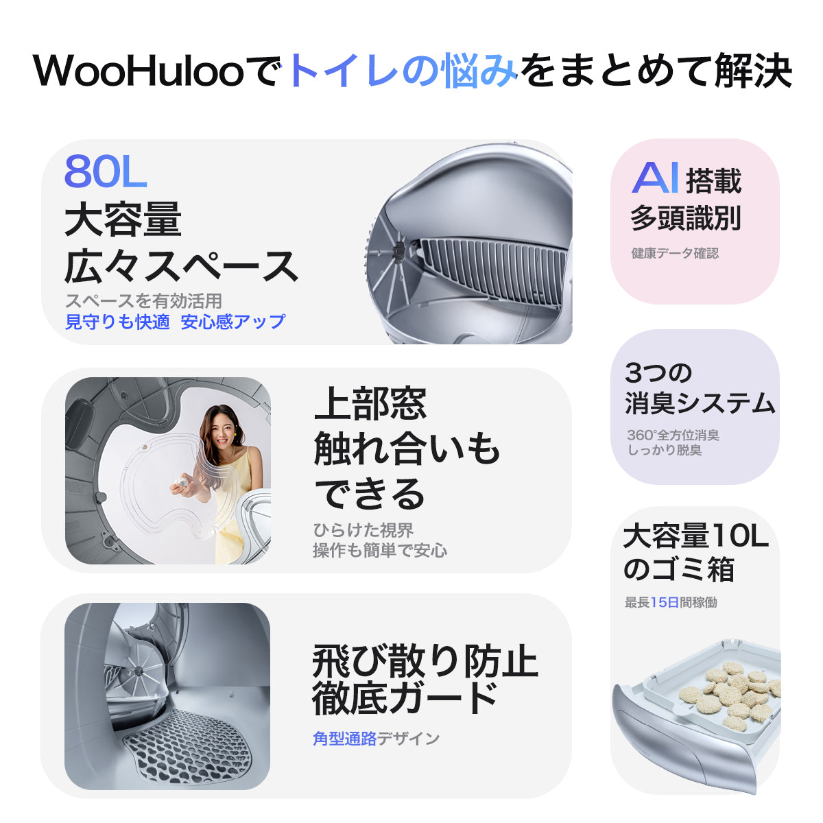＼10%オフ＋猫砂付き／WooHuloo 自動トイレ 《最短当日発送》 猫トイレ 自動猫トイレ 全自動トイレ 猫用トイレ 大型 多頭飼い 本体 猫 ネコ ねこ キャット ペット トイレ 自動 スマホ管理 遠隔 自動 清掃 おすすめ 消臭 臭い AI システム お留守番 猫砂 飛散防止 ウーフルー